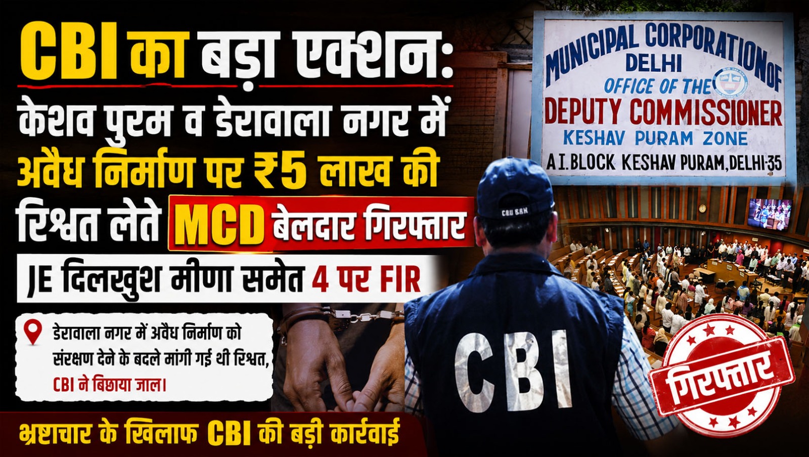 CBI का बड़ा एक्शन: केशव पुरम व डेरावाला नगर में अवैध निर्माण पर ₹5 लाख की रिश्वत लेते MCD बेलदार गिरफ्तार , JE दिलखुश मीणा समेत 4 पर FIR